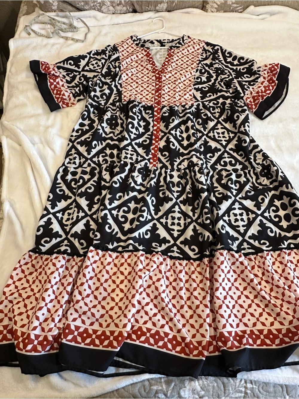 SHEIN Black & Rust Patterned Tiered Dress